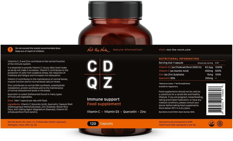 CDQZ - Quercetin, Zinc, Vitamin C, Vitamin D3 - Immune Support - 120 Capsules - Plastic-Free compostable Plant-Based Packaging - BeesActive Australia