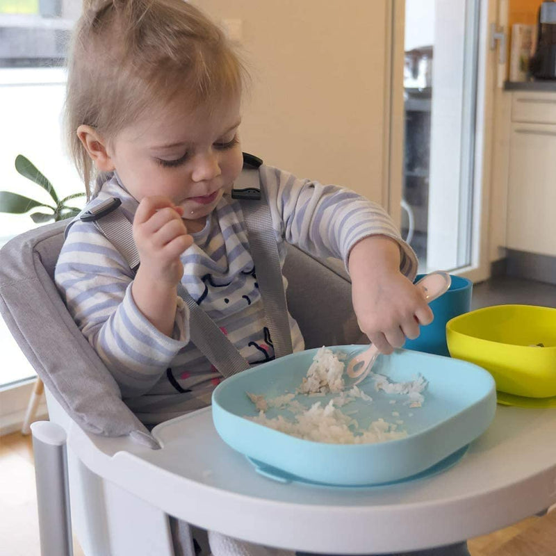 Béaba - Silicone Feeding Meal Set - Set of 4 Pieces : Plate + Bowl + Cup + Spoon - Silicone with Strong Suction pad - Baby and Children - Blue - BeesActive Australia