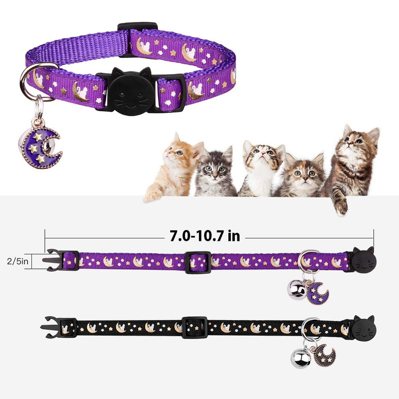 2PCS Breakaway Cats Collars with Bell Moons Stars Adjustable Kitten Collars with Pendant Glow in The Dark Purple+Black - BeesActive Australia