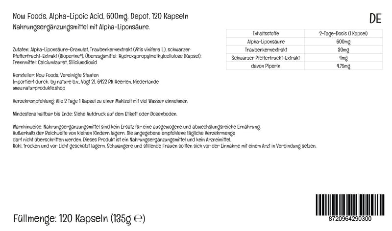 Now Foods, Alpha-Lipoic Acid, 600mg 2-Day Depot, 120 Vegan Capsules, Lab-Tested, Gluten Free, Vegetarian, Soy Free, Non-GMO - BeesActive Australia