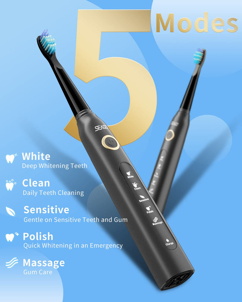 Seago Rechargeable Ultrasonic Toothbrush, Electric Toothbrushes Adults with 8 Dupont Brush Heads, Once Full Charge Lasts for 30 Days, Electric Toothbrush with Timer Gift for Family, Black - BeesActive Australia