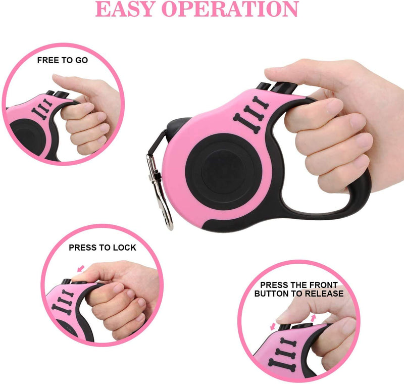 Retractable Dog Leash with Non-Slip Handle, Walking Leash for Small/Medium/Large Dog or Cat, Tangle Free Strong Nylon Tape, One-Handed Brake, Pause, Lock Pink S - BeesActive Australia