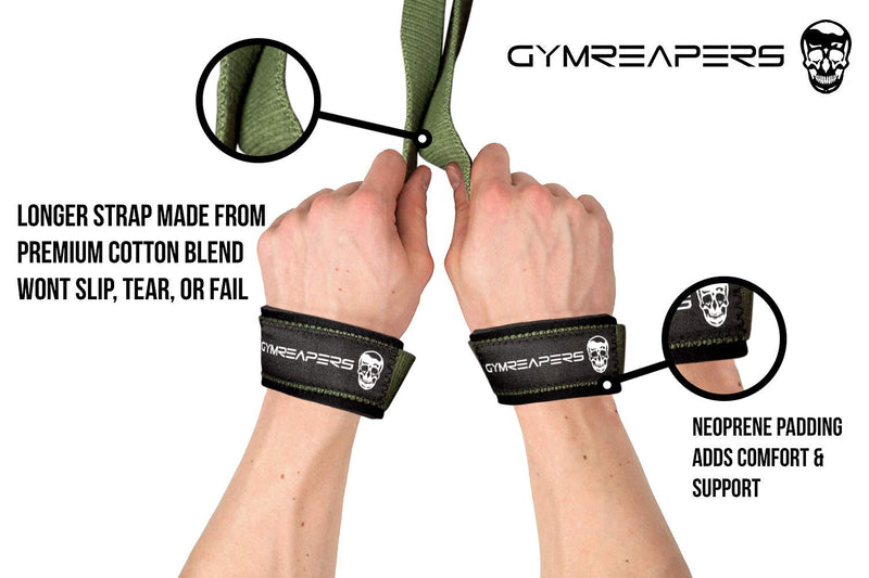 Gymreapers Lifting Wrist Straps for Weightlifting, Bodybuilding, Powerlifting, Strength Training, Deadlifts - Padded Neoprene with 18 inch Cotton Military Green - BeesActive Australia