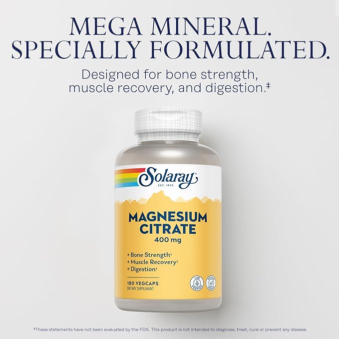 Solaray, Magnesium Citrate, 400 mg, 180 Veggie Capsules (133 mg per capsule) - BeesActive Australia