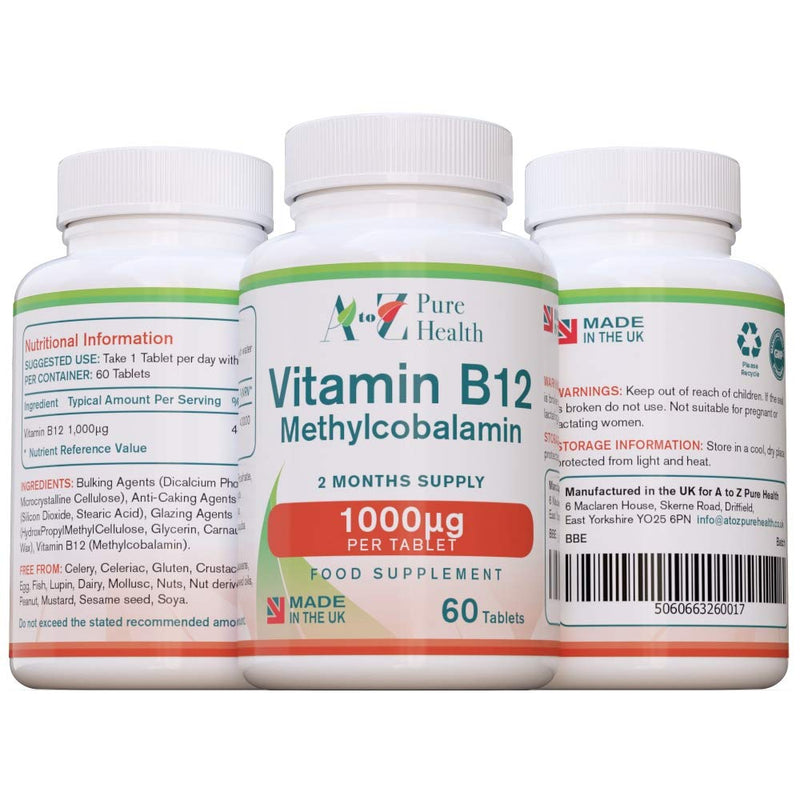 Energy Supplement, Vitamin B12 Complex High Strength Vegan Tablets | 1000mcg 60 Tablets (2 Month's Supply) | Premium, High Strength B12 Methylcobalamin | Reduces Tiredness & Fatigue | UK Made 60 Count (Pack of 1) - BeesActive Australia