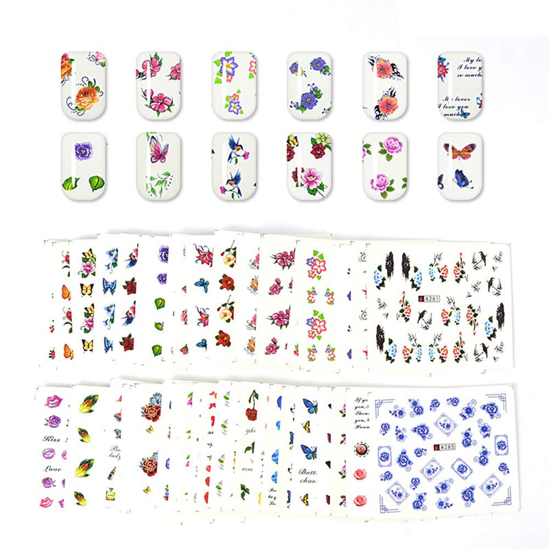 DANNEASY 50 Sheets Nail Water Transfer Stickers Floral Design Nail Decal Manicure Accessories for Women with 1Pc Nail File + Wood Cuticle Stick kit 2 - BeesActive Australia