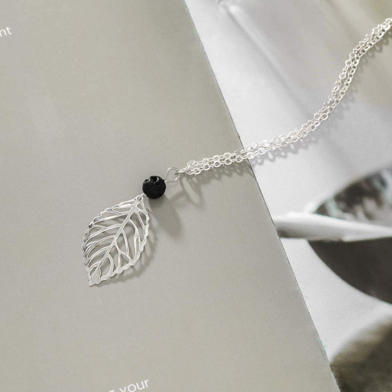Adflyco Boho Leaf Necklace Lava Bead Pendant Necklaces Chain Jewelry Adjustable for Women and Girls (Silver) Silver - BeesActive Australia