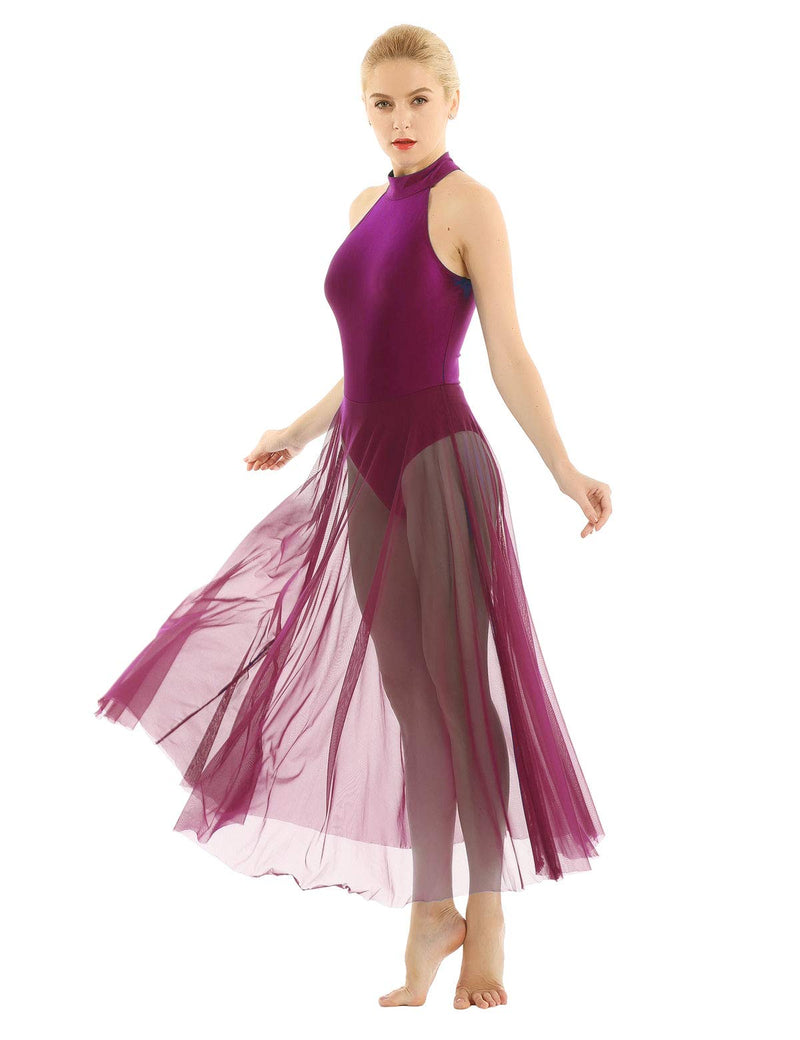 [AUSTRALIA] - dPois Womens Adult Mock Neck Sleeveless Lyrical Ballet Dance Camisole Leotard Tulle Mesh Dress Dancewear Costume XX-Large(Bust: 35.0"/88cm) Burgundy 
