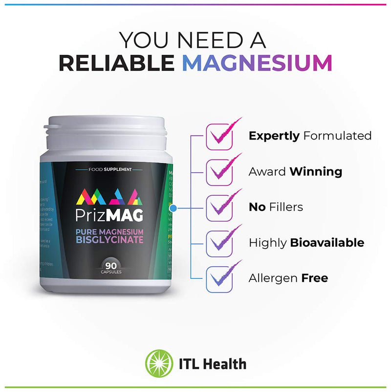 PrizMAG by ITL Health Vegan Magnesium Bisglycinate Capsules - 90ct - Digestive Health & Sleep Support Formula | High Absorption | No Fillers or Stearates | Magnesium Oxide Free (90 Caps) - BeesActive Australia