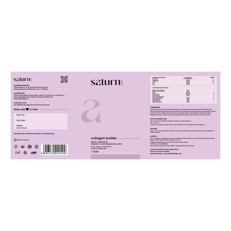 Saturn by GHC Collagen Powder, Plant Based Collagen with Biotin, Vitamin C, Rose Petals and Sea Buckthorn, Helps in Glowing Skin and Hair Growth | 100% Vegan 250 G (Pack of 1) - BeesActive Australia