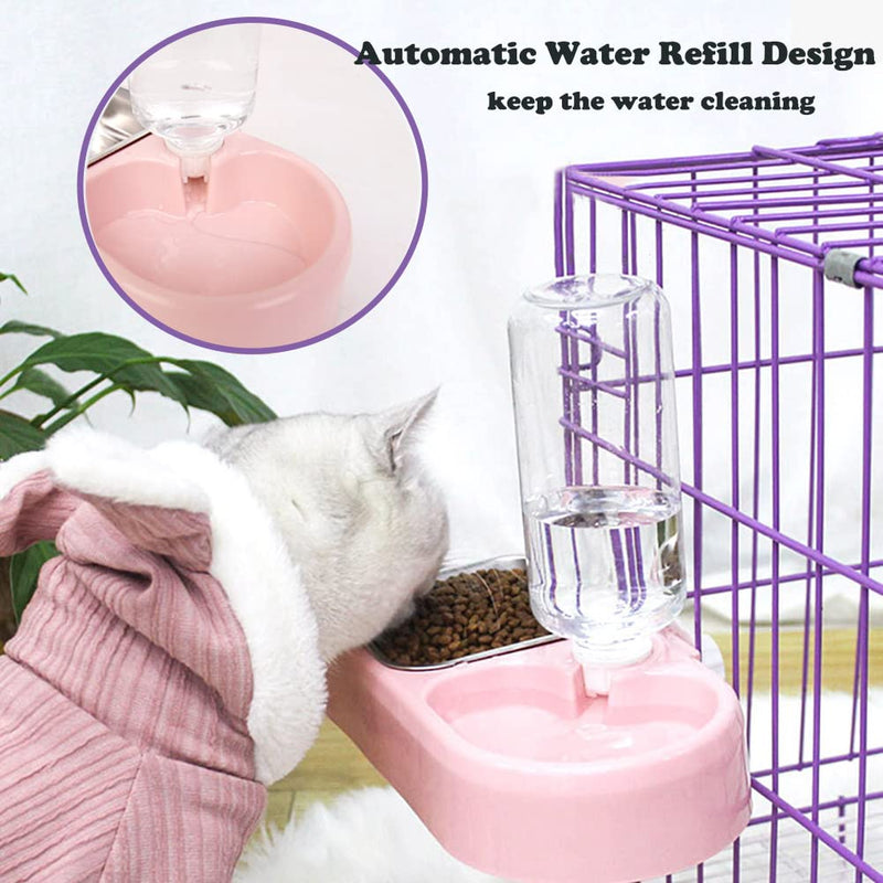 Crate Dog Cat Bowls, Dog Water and Food Bowl Set with Detachable Stainless Steel Bowl and Automatic Water Dispenser Bottle, Hanging Pet Cage Kennel Food Water Feeder Bowls for Puppy Cat Rabbite Birds White - BeesActive Australia