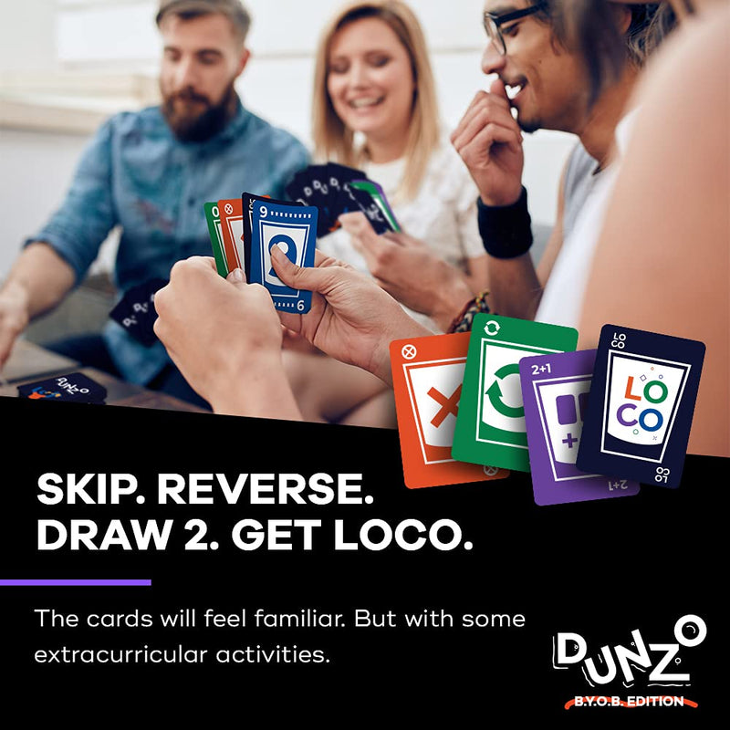 DUNZO (BYOB Edition) - Party Version of Classic Card Game - Draw Two, Skip, Reverse, Get Loco - Fun Games for Family and Friends - Perfect for College Parties, Birthdays, Bachelorettes, or Any Event! - BeesActive Australia