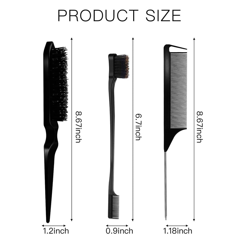3 Pieces Teasing Brush Set, Bristle Hair Brush 3 Row Teasing Brush Dual Edge Brush Sturdy Styling Comb Parting Comb for Brushing, Combing, Slicking Hair for Stylist Women Black - BeesActive Australia