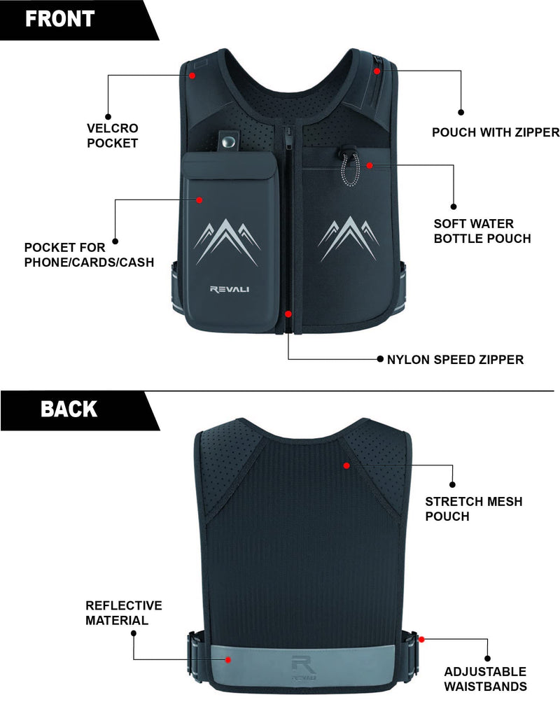 REVALI Running Vest, USA Original Patent, Zip Reflective Vests with Leakproof 500ml Water Bottle, Adjustable Waistband & Breathable Materials, Chest Gear Phone Holder for Men/Women, Running or Cycling Black - BeesActive Australia