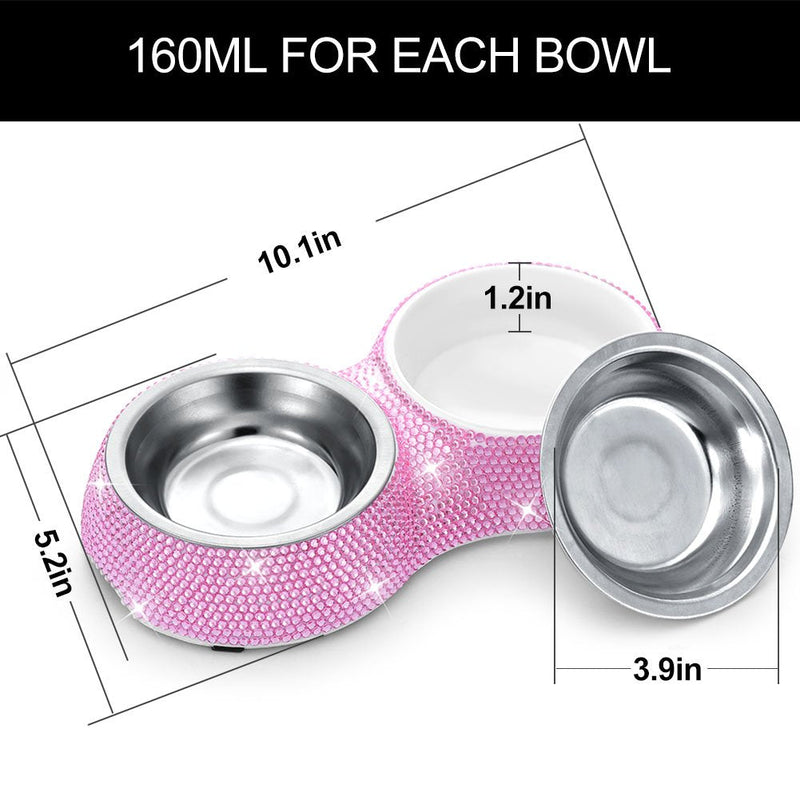 SAVORI Small Dog Bowls Pink, Handmade Bling Rhinestones Stainless Steel Pet Bowls Double Food Water Feeder for Puppy Cats Dogs Cats 320ml-Pink - BeesActive Australia