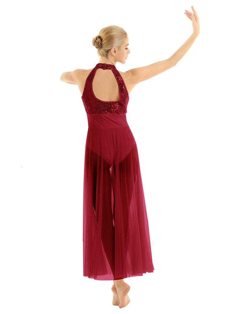 [AUSTRALIA] - Alvivi Women's Shiny Sequined Mesh Halter Ballet Dance Dress Latin Ballroom Dancing Backless Leotard Burgundy Large 