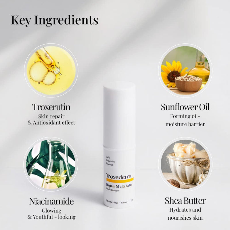 TROXEDERM Repair Multi Balm - Fine Line Care for Youthful Skin with a Natural Glow, Nourishing and Refreshing, Contains Shea Butter, Sunflower Seed Oil, Troxerutin, and Adenosine. 0.35oz (10g) - BeesActive Australia
