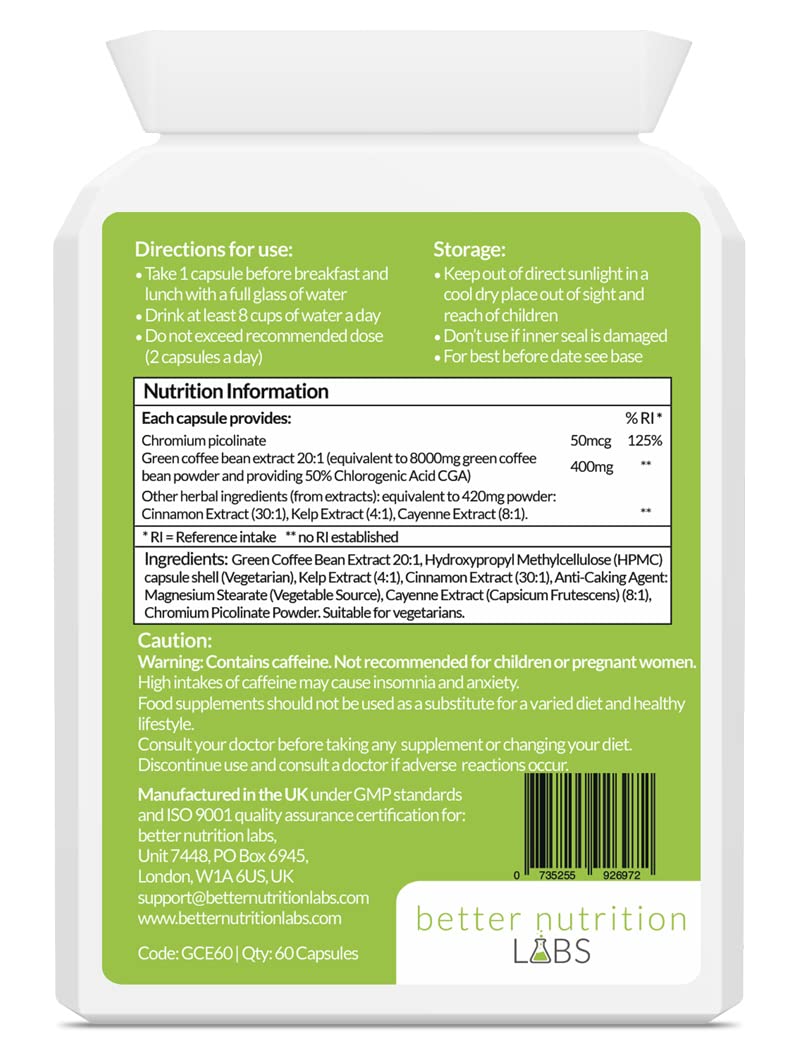 Green Coffee Complex - Green Coffee Extract @50% Chlorogenic Acid (CGA) Supplement by Better Nutrition Labs - 60 Capsules - BeesActive Australia