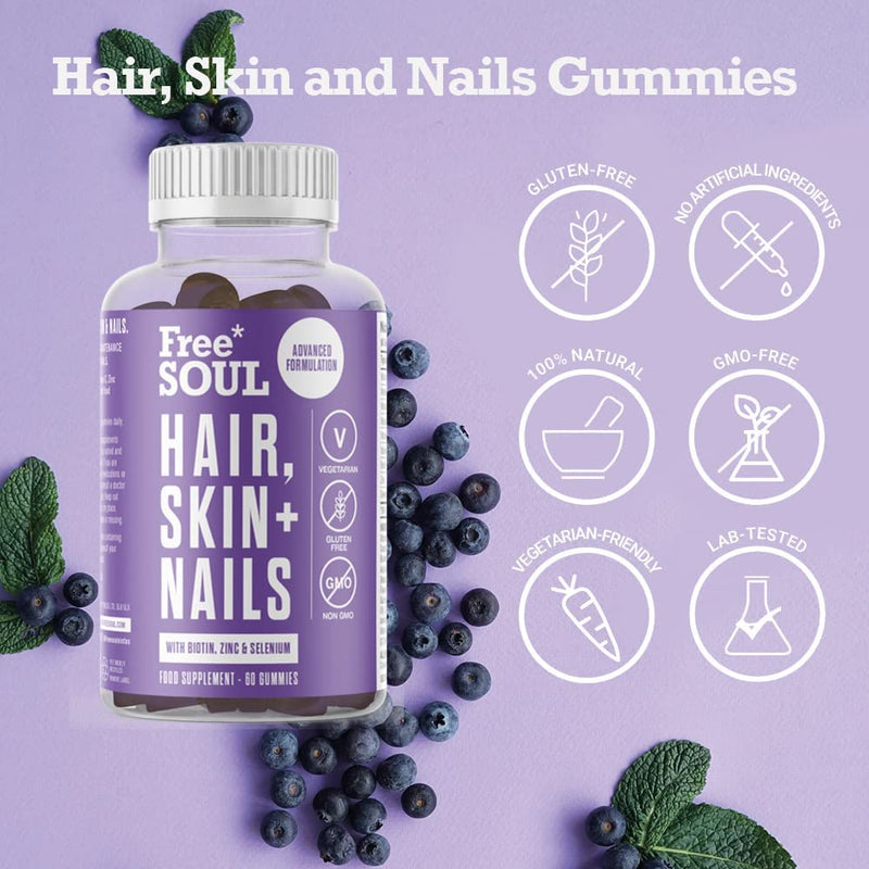 Hair, Skin, & Nails Gummies | Hair Growth & Skin Health Supplement | Biotin Enhanced with Vitamins B6, B12, Zinc, Selenium, E, A, C & D | Skin & Hair Support | 60 Advanced Gummies | Free Soul - BeesActive Australia