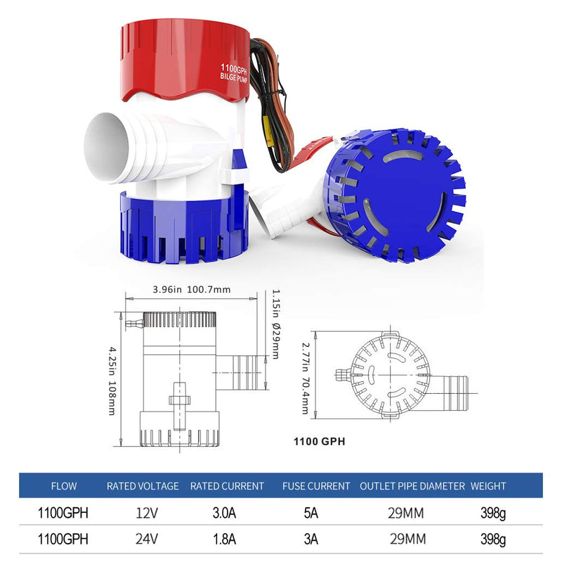 [AUSTRALIA] - 24V 12V Bilge Pump 1100GPH 750GPH 500GPH 350GPH New Electric Water Pump for Boats Accessories Marin,Submersible Boat Water Pump 1100GPH 12V Bilge Pump 