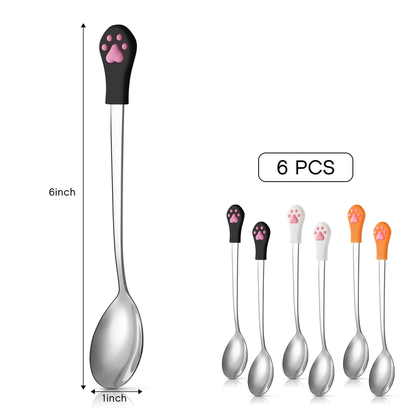 6 Pieces Dog Cat Can Food Spoon Pet Stainless Steel Food Spoon with Cute Cat Claw Silicone Handle (White, Black, Orange) - BeesActive Australia