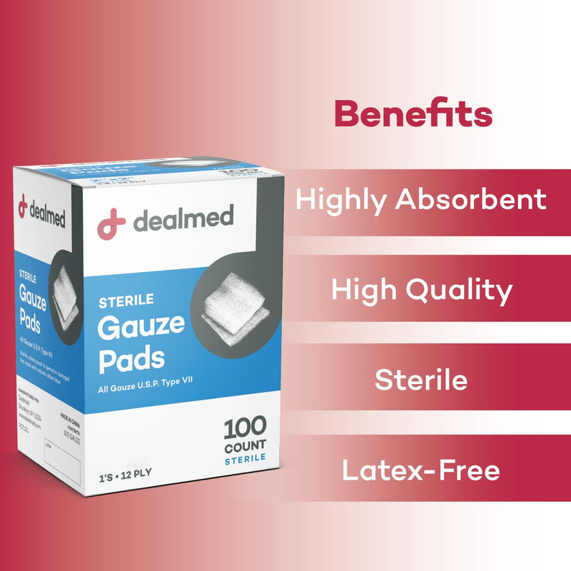 Dealmed Sterile Gauze Pads – 100 Count, 2’’ x 2’’ Disposable and Individually Wrapped Gauze Pads, Wound Care Product for First Aid Kit and Medical Facilities 2x2 Inch (Pack of 100) - BeesActive Australia