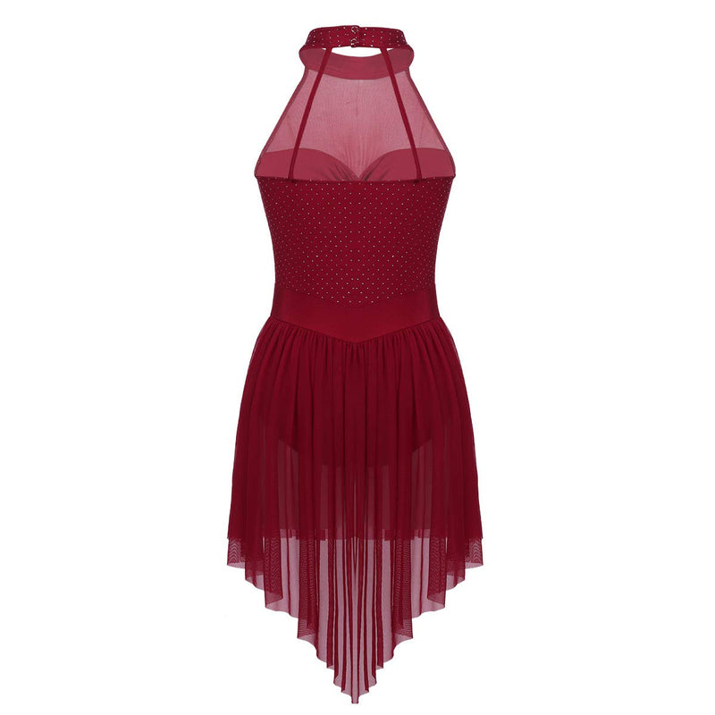 [AUSTRALIA] - iEFiEL Women Sleeveless Halter Neck Polka Dots Irregular Tulle Hem Balle Leotard Dance Dress Lyrical Modern Contemporary Wine Red Small 