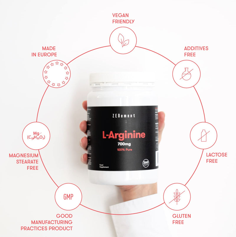 L-Arginine 100% Pure, 2800mg (4 Capsules), 360 Capsules | Vasodilator, Promotes Athletic Performance and Muscle Development | Vegan, Additive Free, Gluten Free | Zenement - BeesActive Australia