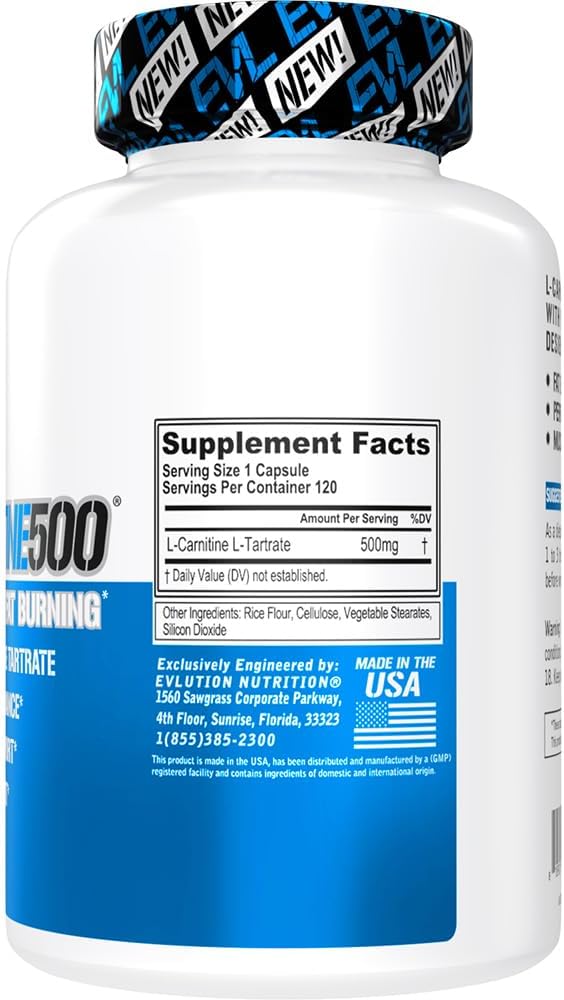 Evlution Each Serves 120 Serving Capsules of Pure L-Carnitine Nutrition Carnitine500 500mg - BeesActive Australia