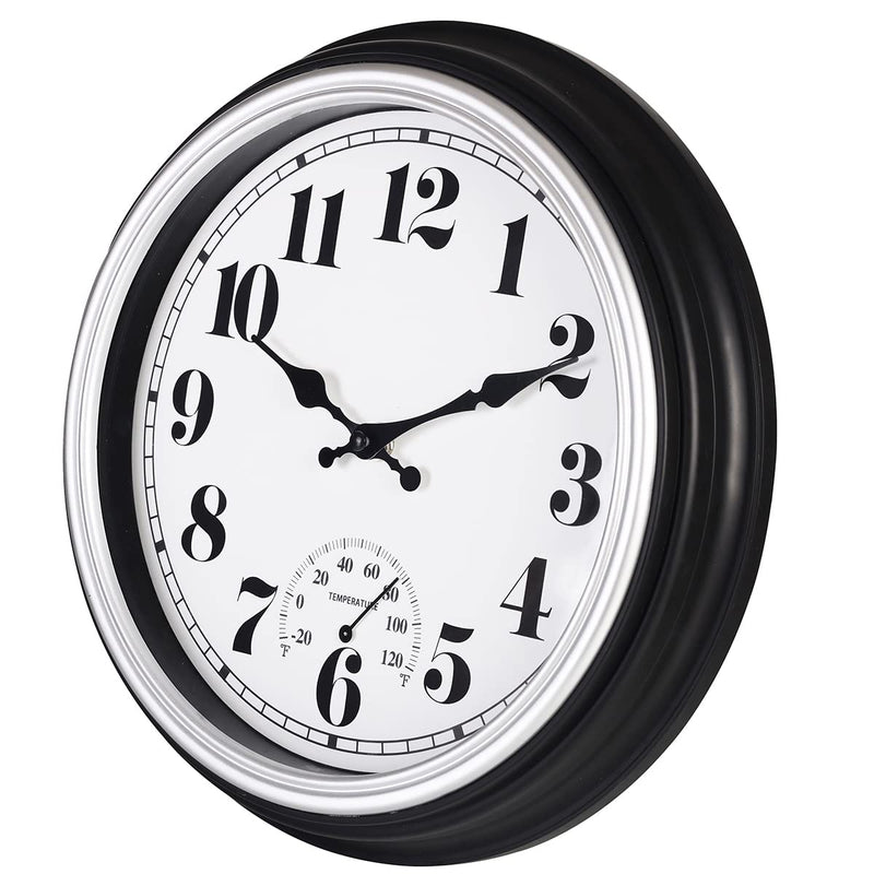 45Min 12 Inch Indoor/Outdoor Retro Round Waterproof Wall Clock with Thermometer, Silent Non Ticking Battery Operated Quality Quartz Wall Clock Home/Patio Decor(Silver F) 12'' Silver F - BeesActive Australia
