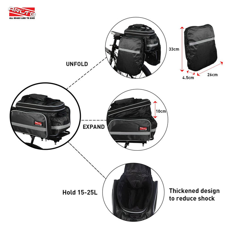 Arltb Bike Rear Bag (3 Colors) 15-25L Waterproof Bicycle Trunk Bag with Rain Cover Shoulder Strap Bike Pannier Tail Back Seat Bag Package Handbag Bike Accessories for Road Bikes Mountain Black- - BeesActive Australia