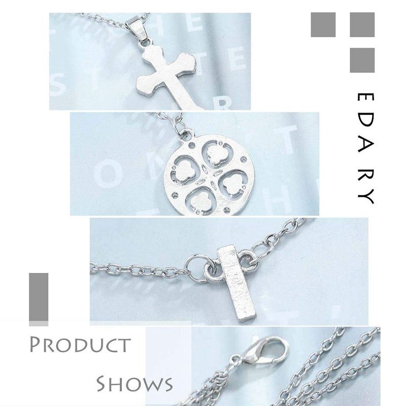 Edary Fashion Layered Necklace Cross Pendant Four-Leaf Clover Necklaces Silver Jewlery for Women and Girls - BeesActive Australia