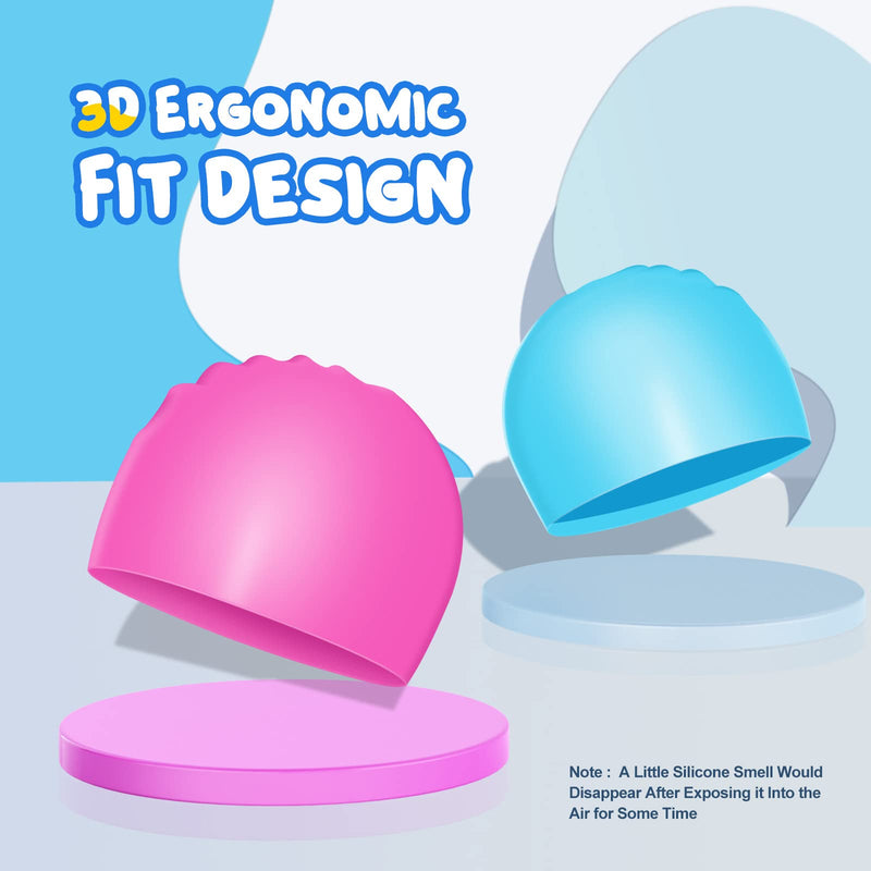 Swim Cap Kids, 2 Pack Durable Silicone Swimming Caps for Kids Youths, 3D Ergonomic Design Fit for Children and Teens (Age 3-8), Comfortable Fit for Long Hair & Short Hair - BeesActive Australia
