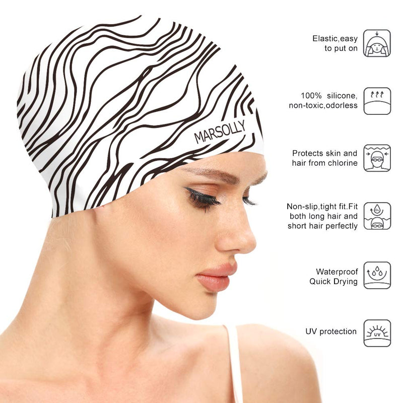 Marsolly Silicone Swim Cap for Women Long Hair Adult Swimming Caps with Fashion Printed Stripe - BeesActive Australia