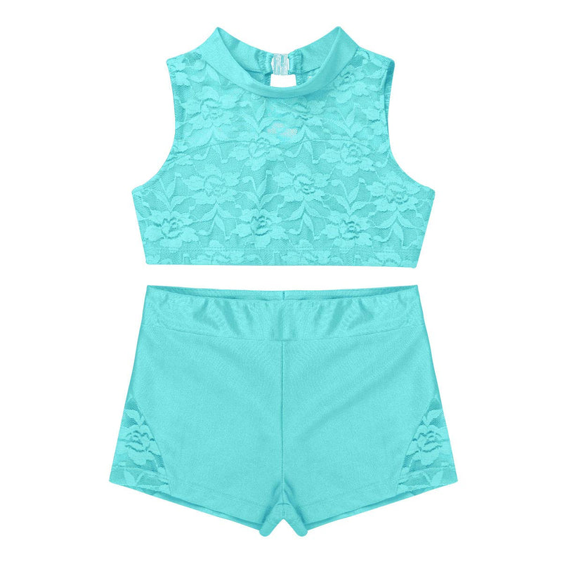 [AUSTRALIA] - Freebily 2PCS Girls Tankini Dance Dress Outfit Floral Lace Crop Top with Booty Shorts Sports Gymnastic Ballet Costume Mint_green 10 