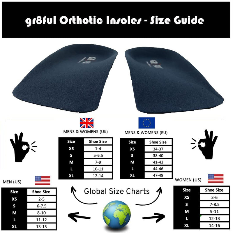 gr8ful® Orthotic Insoles for Plantar Fasciitis / Achilles Tendonitis | 1 pair | 3/4 length | Arch Support for Over Pronation & Flat Feet - Reduce Heel, Knee & Back Pain | Men Women Kids Running M M (1 Pair) - BeesActive Australia