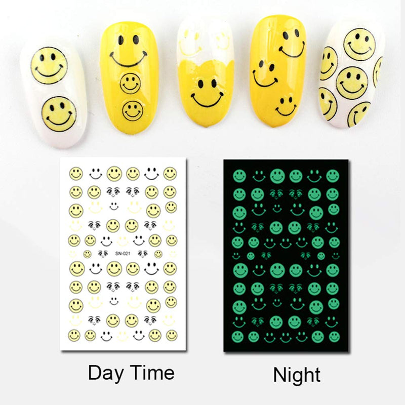 WOKOTO 6 Sheets Luminous Nail Art Stickers Tips Fluorescent Self-Adhesive Decals Smiling Face Moustache Cat Manicure Sticker Nails Kit (Glow In The Dark) - BeesActive Australia