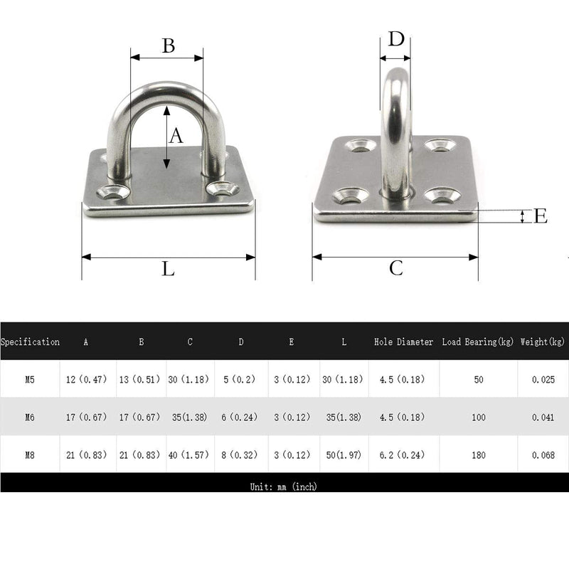 Heyous 2 Set M5 Suspension Ceiling Wall Mount U Hook Anchor Hanger Stainless Steel Heavy Duty Multi Purpose Hammock Swing Ceiling Hook Square Base Plate with Snap Hook - BeesActive Australia