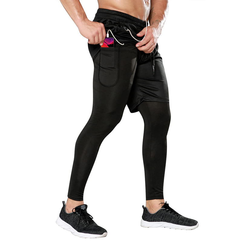 Odoland 2 Pack Mens Compression Running Pants, 2 in 1 Quick Dry Athletic Workout Sweatpants Shorts Gym Leggings with Pocket Black/ Army Green Medium - BeesActive Australia