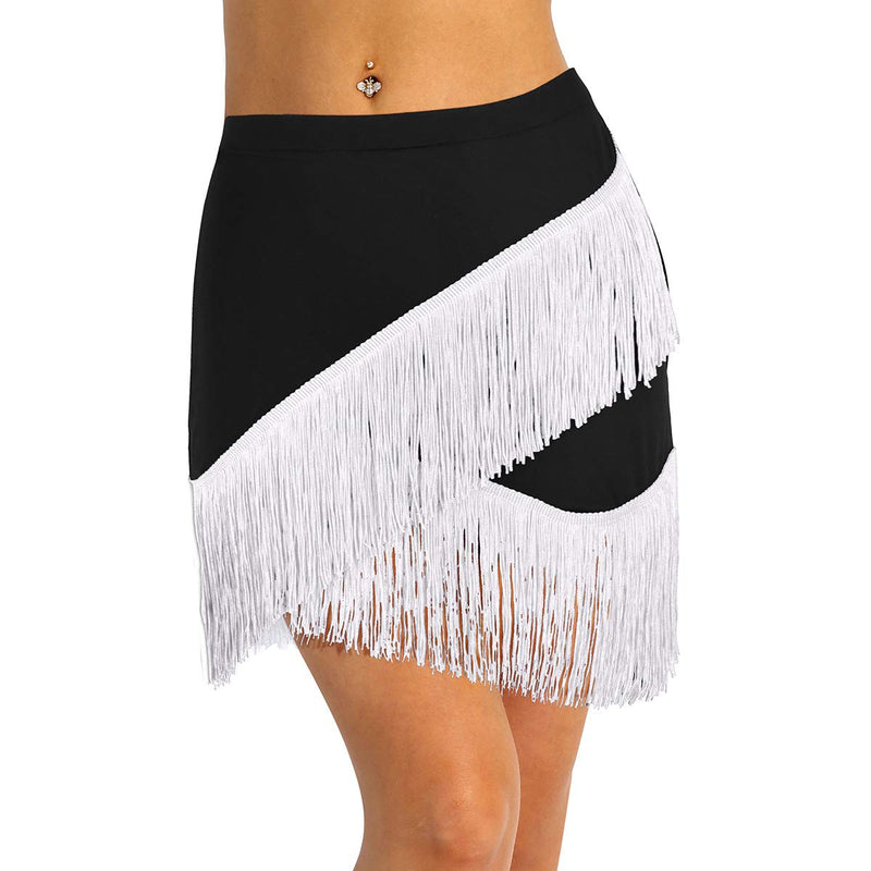 [AUSTRALIA] - iiniim Women Ladies Fringe Flowing Tassels Latin Skirt Tango Rumba Dancewear Exercise Skirts Black&white Small 