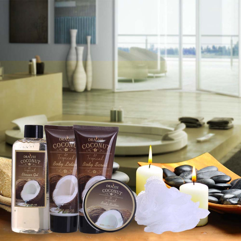 Draizee Coconut Home Gift Spa Basket, Luxury 5 piece Relaxation Set for Mom, New Mothers, Girlfriend, with Bathtub Holder - #1 Best Valentine Gift Includes Body Scrub, Body Lotion, Shower Gel and More - BeesActive Australia