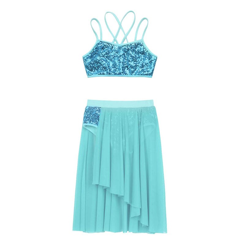 [AUSTRALIA] - winying Girls 2PCS Latin Lyrical Dance Outfit Shiny Sequins Crop Top with Side Split Tulle Skirt Set Lake Blue 10 / 12 