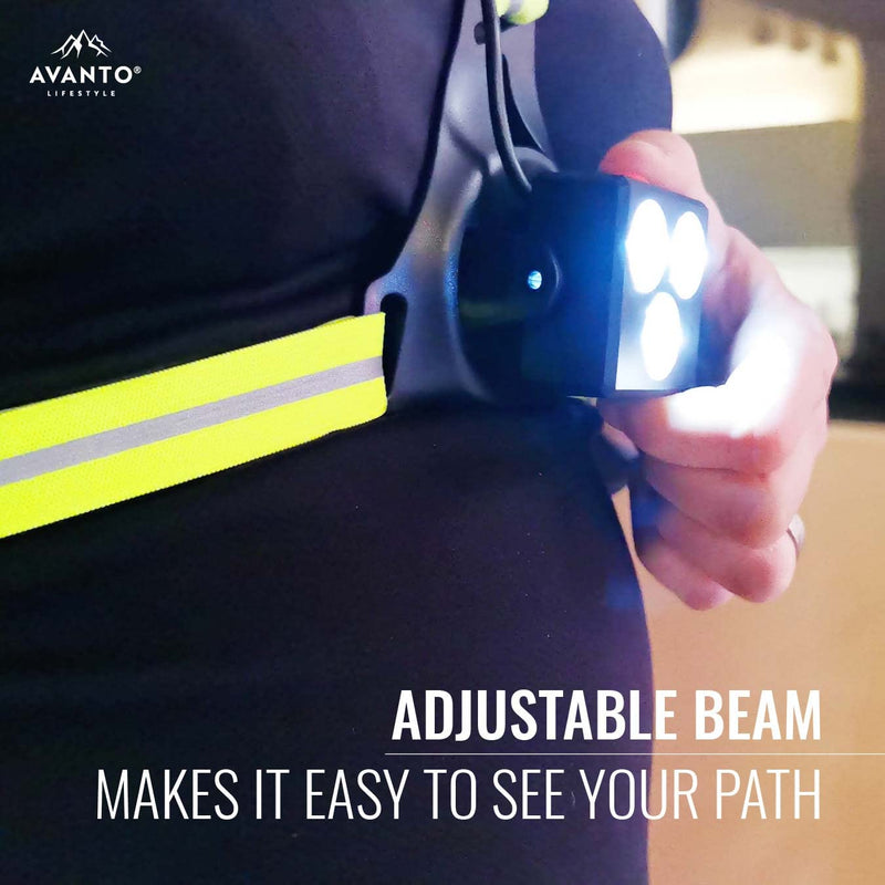 AVANTO Triple Beam Chest Light, Original, 500 Lumen Outdoors LED Night Running Lights for Runners and Joggers, Dog Walkers, Long 5-7h Usetime, Strong USB Rechargeable 2200mAh Battery, Reflective Vest Yellow - BeesActive Australia
