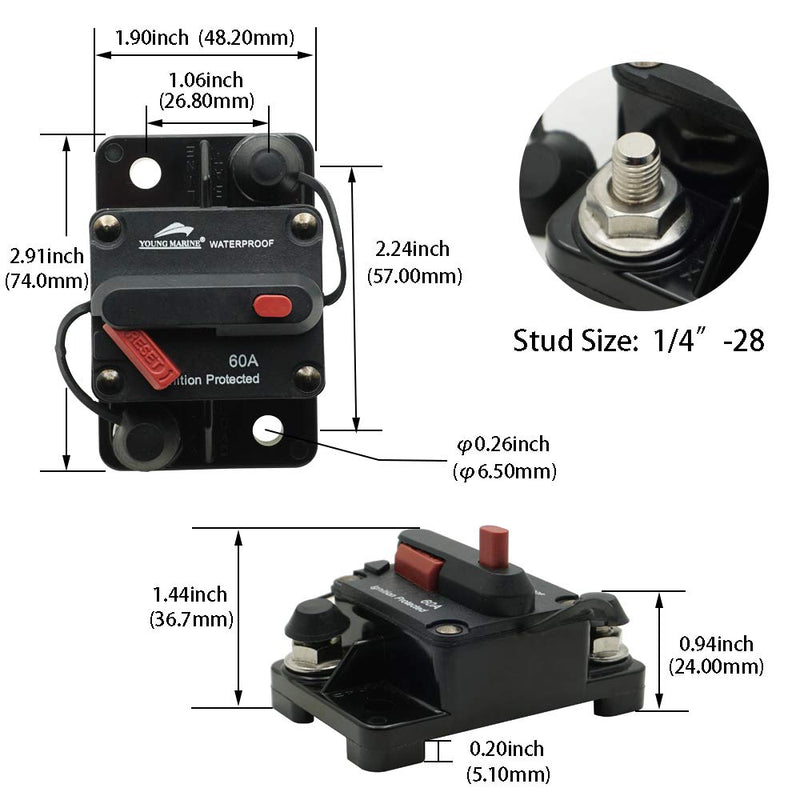 Young Marine Circuit Breaker for Boat Trolling with Manual Reset,Water Proof,12V- 48V DC Surface Mount-100A - BeesActive Australia