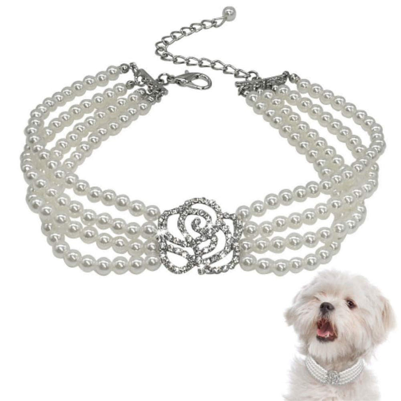 Dogs Kingdom Elegant Fancy Pearls Dog Cat Collar Small Dog Crystal Rose Flower Collar Pet Party Neck Grooming Jewelry Accessory M:10-12" neck White - BeesActive Australia