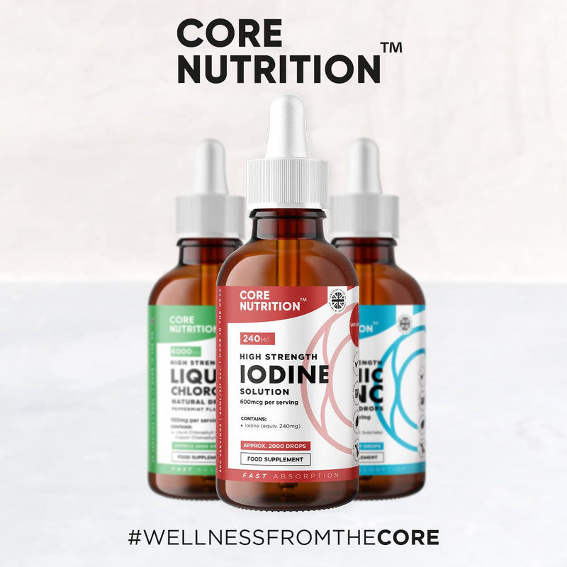 Iodine Liquid Drops - Vegan - High Strength 600mcg per Serving - 400 Servings - 240,000mcg per 60ml Dropper Bottle - Liquid Iodine Solution for Fast Absorption - Made in UK by Core Nutrition - BeesActive Australia