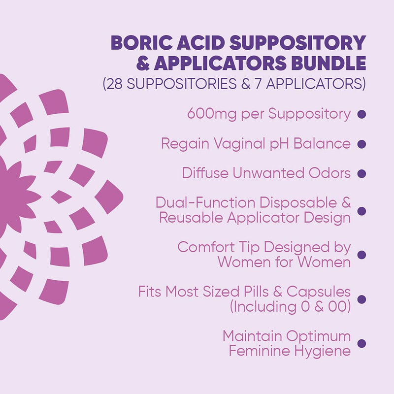 Seroflora Boric Acid Vaginal Suppositories 600 mg 28 ct. + Suppository Applicator 7 ct. Bundle -Supports Odor Control-Vaginal Health-pH Balance for Women - BeesActive Australia