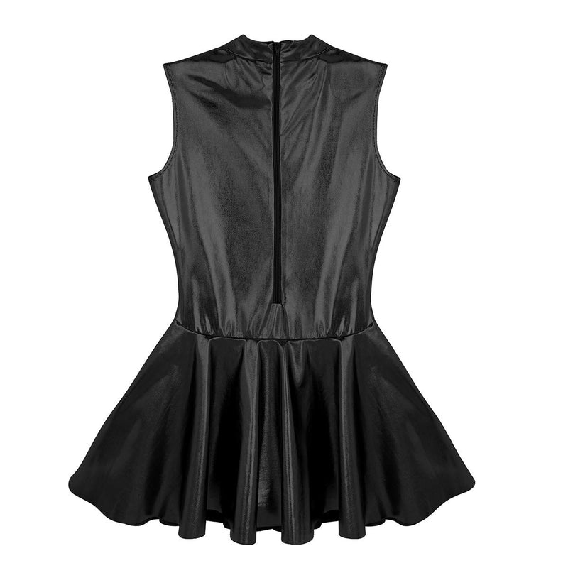 [AUSTRALIA] - dPois Women Wet Look Leather Sleeveless Lyrical One Piece Leotard Skirt Clubwear Catsuit Black Large 