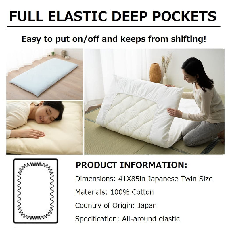 EMOOR Fitted Sheet for Japanese Futon Mattress PRESSO Twin/Twin-Long Made in Japan 100% Cotton (White), Tatami Floor Sleeping Mat Cover Twin/Twin-XL (41x85in) White - BeesActive Australia