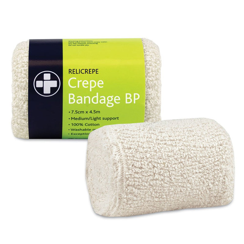 Reliance Medical White BP Grade Cotton Relicrepe Crepe Bandage Soft, Comfortable, Medium/Light Support And Non-Sterile Bandage Designed For Sprains, Strains, And Minor Aches (7.5cm x 4.5m, Pack of 10) 7.5cm x 4.5m - BeesActive Australia